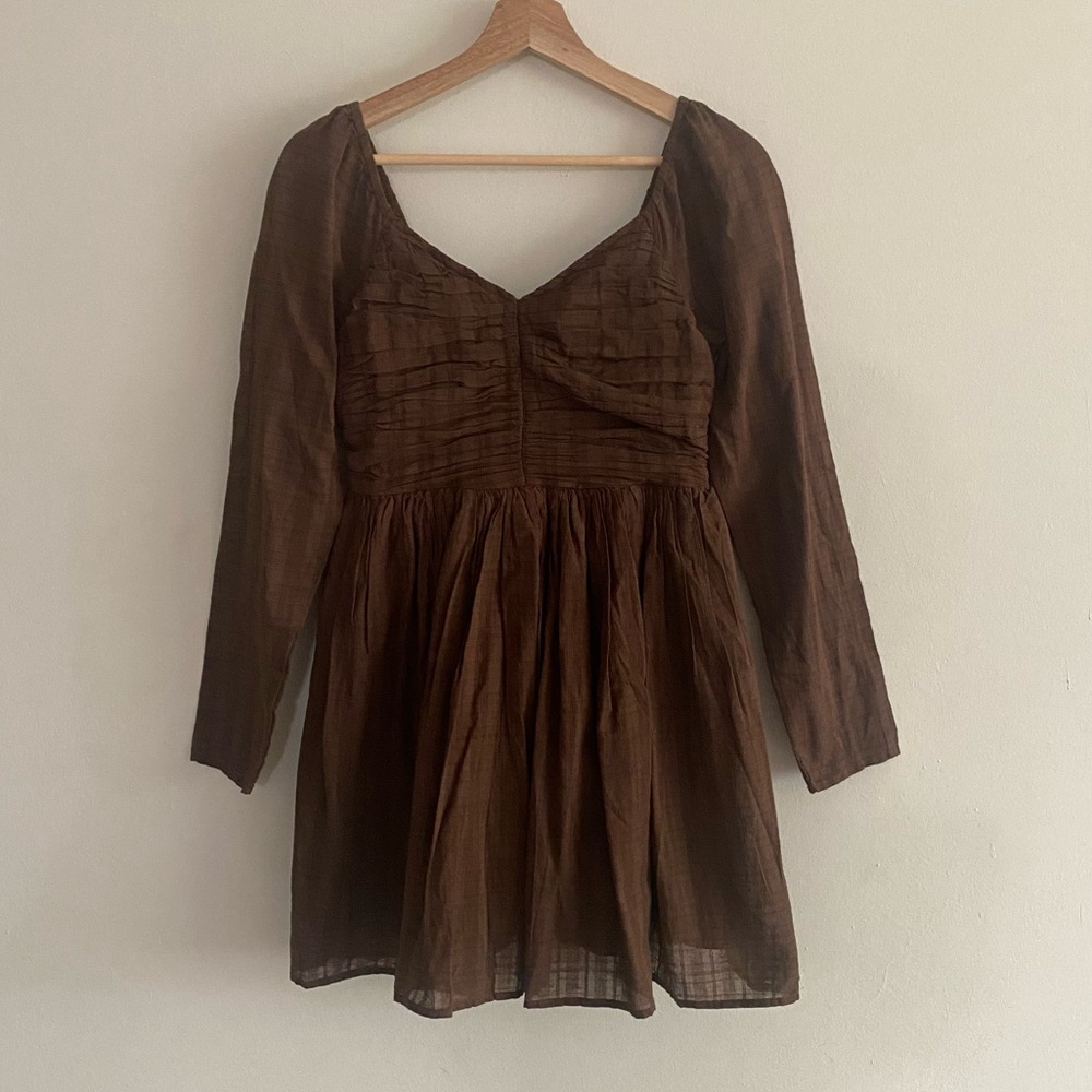 AE Ruched Long-Sleeve Mini Dress in Brown - S - Picture 16 of 16
